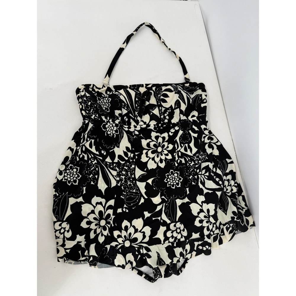 Paradise Bay Womens Floral Halter Swimdress Black White One Piece Swimsuit Sz 10